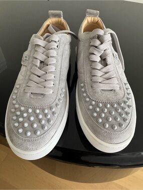 Christian Louboutin Men's Light Gray Studded Suede Sneakers